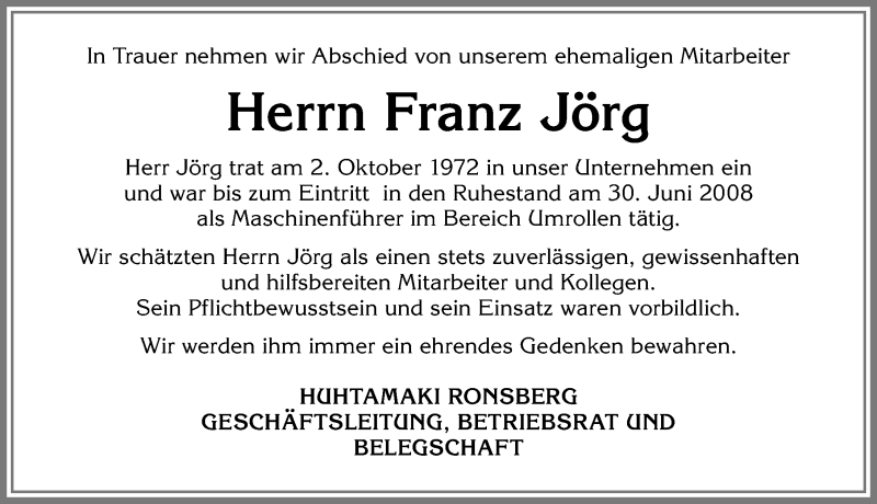 Traueranzeige von Franz Jörg von Allgäuer Zeitung, Marktoberdorf