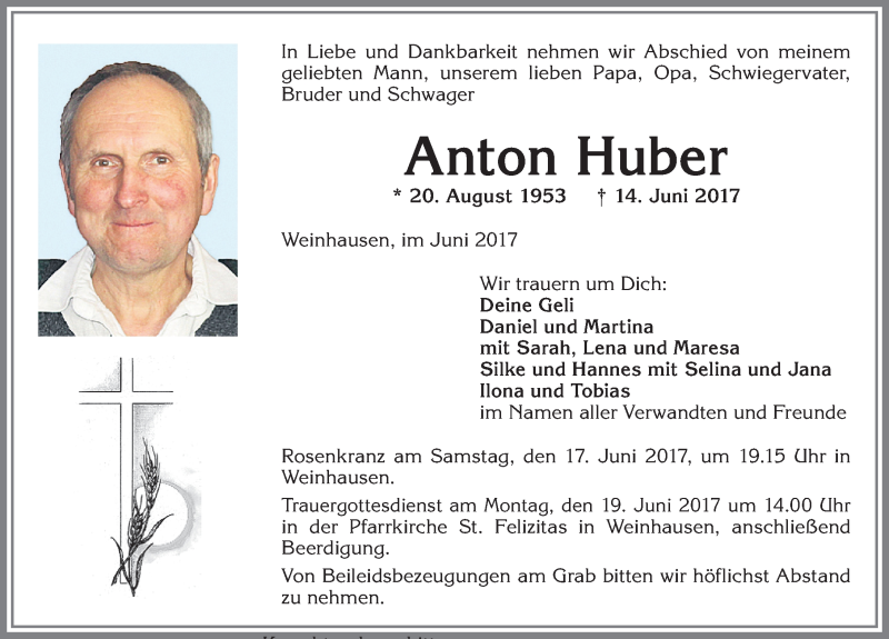 Traueranzeige von Anton Huber von Allgäuer Zeitung, Kaufbeuren/Buchloe