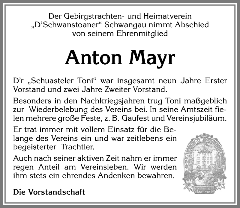 Traueranzeige von Anton Mayr von Allgäuer Zeitung, Füssen