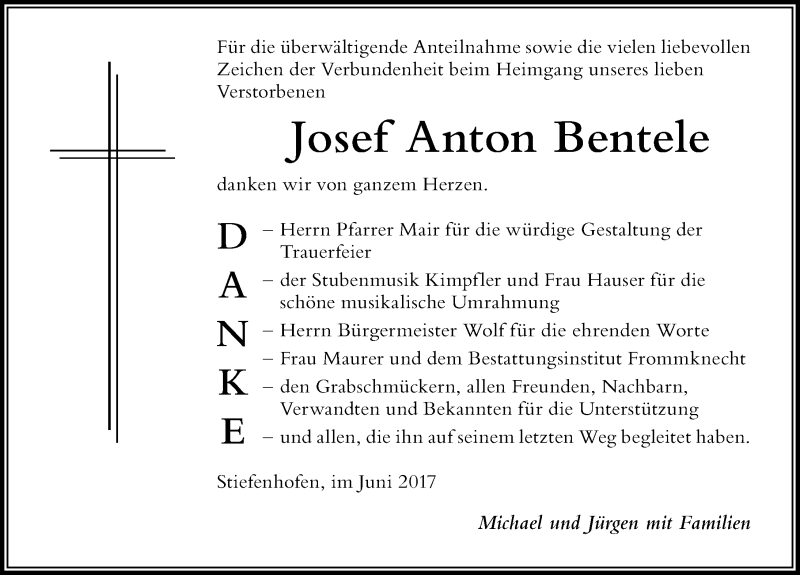 Traueranzeige von Josef Anton Bentele von Der Westallgäuer