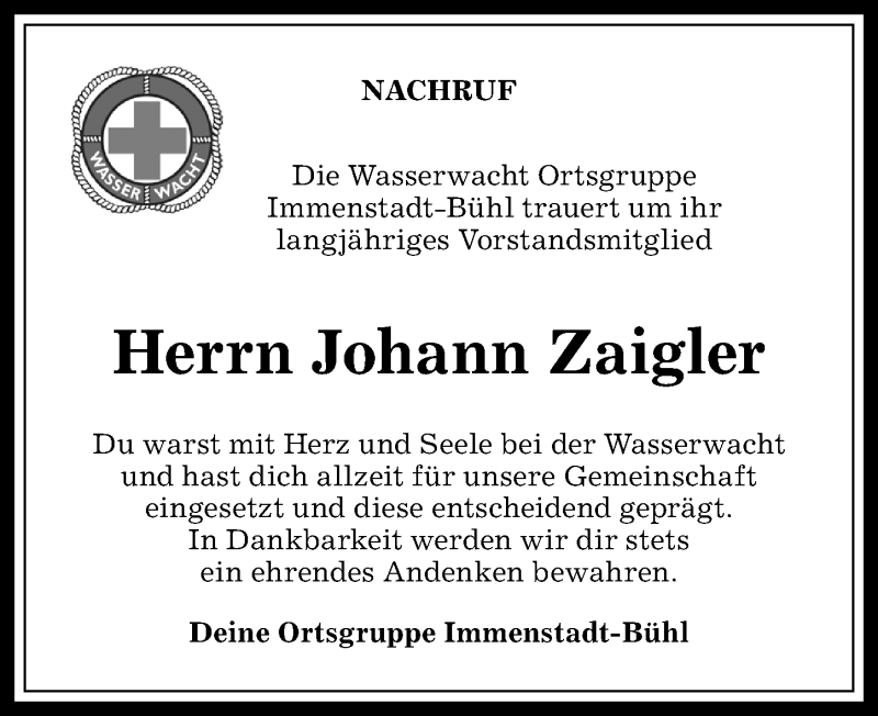 Traueranzeige von Johann Zaigler von Allgäuer Anzeigeblatt