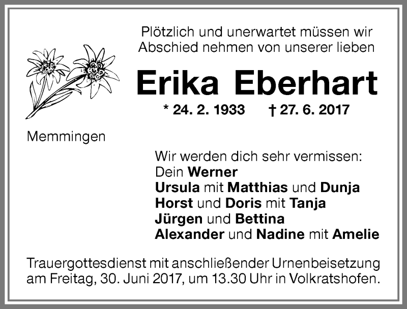 Traueranzeige von Erika Eberhart von Memminger Zeitung