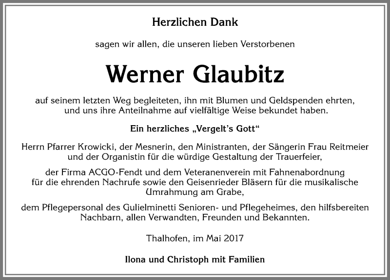 Traueranzeige von Werner Glaubitz von Allgäuer Zeitung, Marktoberdorf