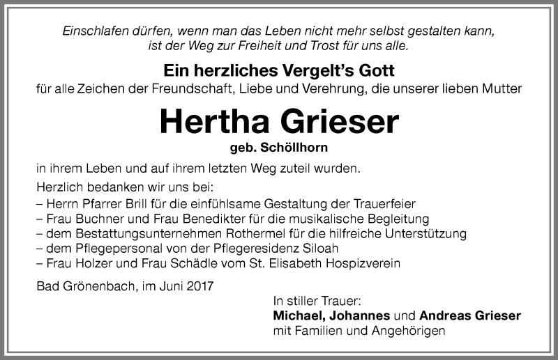 Traueranzeige von Hertha Grieser von Memminger Zeitung