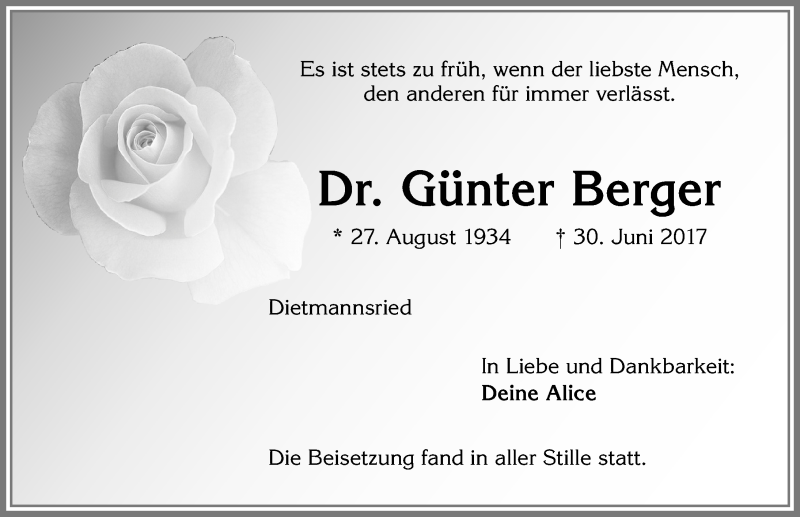 Traueranzeige von Günter Berger von Allgäuer Zeitung,Kempten