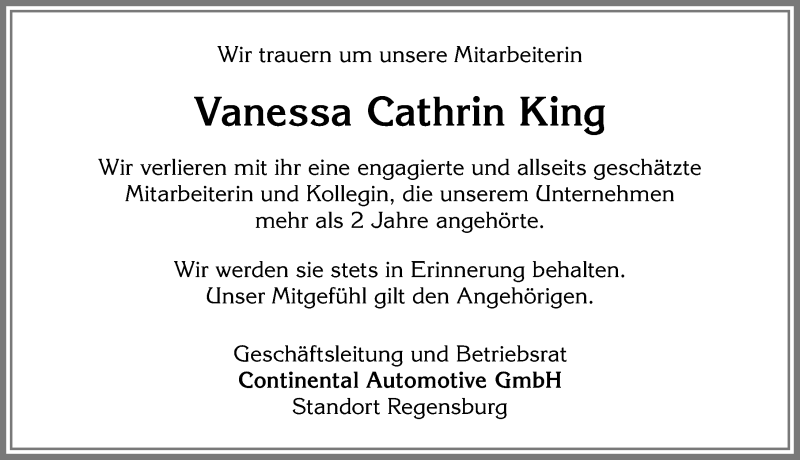 Traueranzeige von Vanessa Cathrin King von Allgäuer Zeitung,Kempten