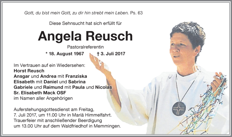 Traueranzeige von Angela Reusch von Memminger Zeitung