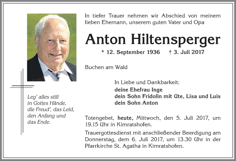 Traueranzeige von Anton Hiltensperger von Allgäuer Zeitung,Kempten