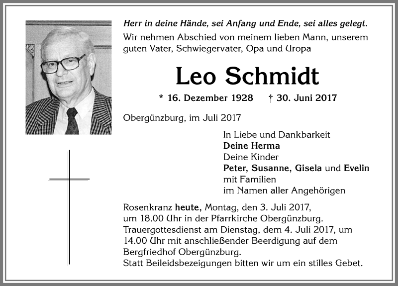 Traueranzeige von Leo Schmidt von Allgäuer Zeitung, Marktoberdorf