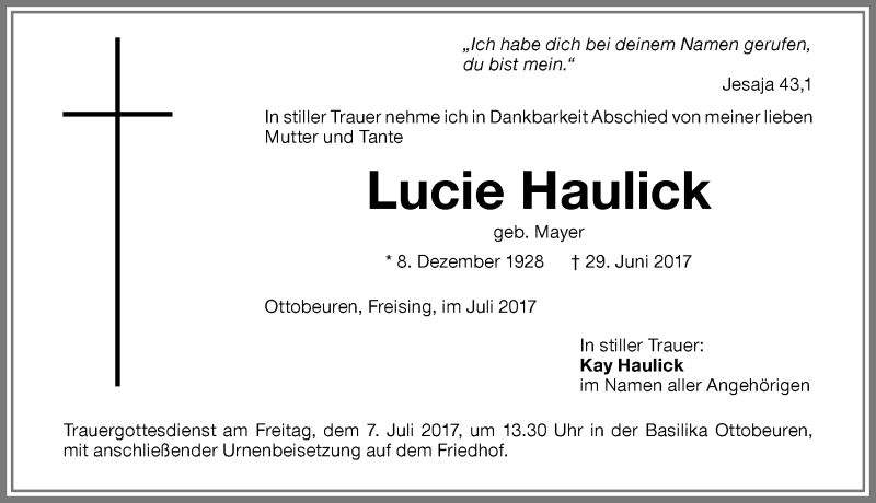 Traueranzeige von Lucie Haulick von Memminger Zeitung