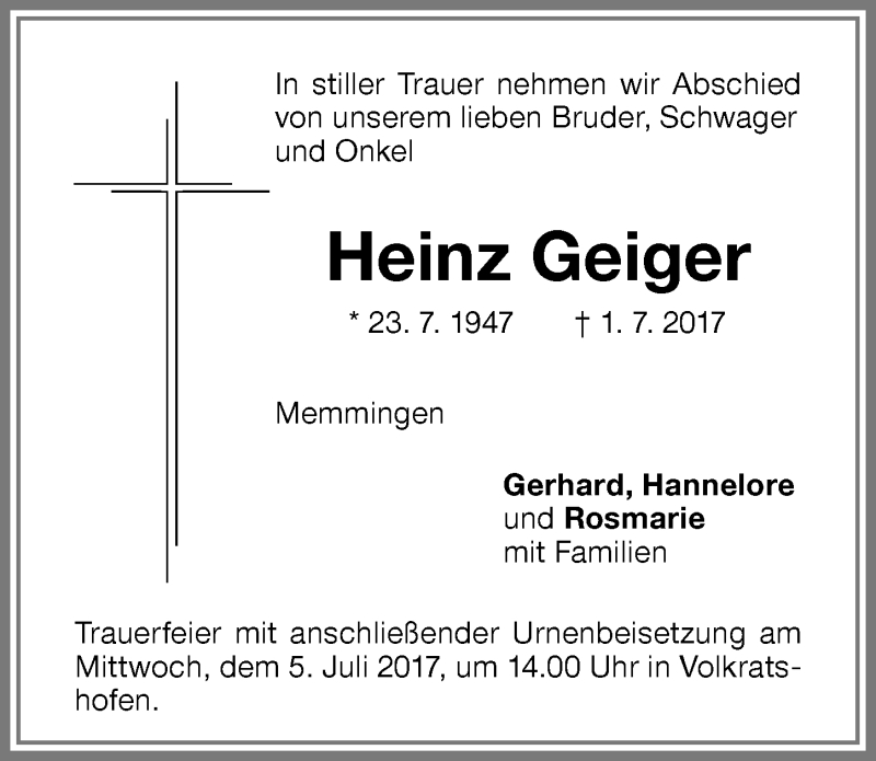 Traueranzeige von Heinz Geiger von Memminger Zeitung