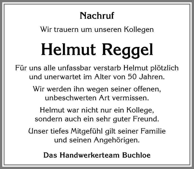 Traueranzeige von Helmut Reggel von Allgäuer Zeitung, Kaufbeuren/Buchloe