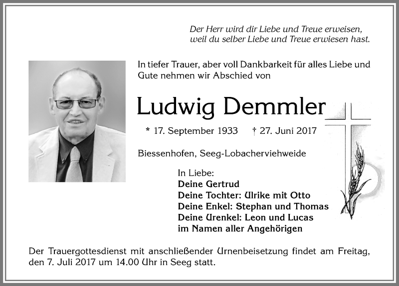 Traueranzeige von Ludwig Demmler von Allgäuer Zeitung, Marktoberdorf