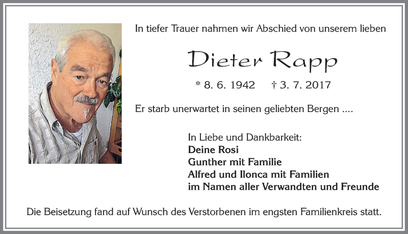 Traueranzeige von Dieter Rapp von Allgäuer Zeitung, Füssen