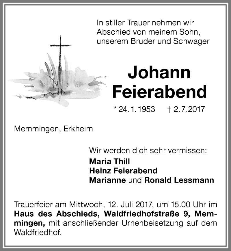 Traueranzeige von Johann Feierabend von Memminger Zeitung