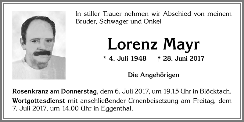 Traueranzeige von Lorenz Mayr von Allgäuer Zeitung, Kaufbeuren/Buchloe