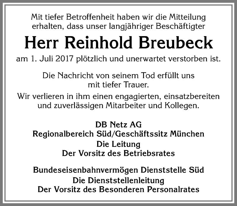 Traueranzeige von Reinhold Breubeck von Allgäuer Zeitung, Kaufbeuren/Buchloe