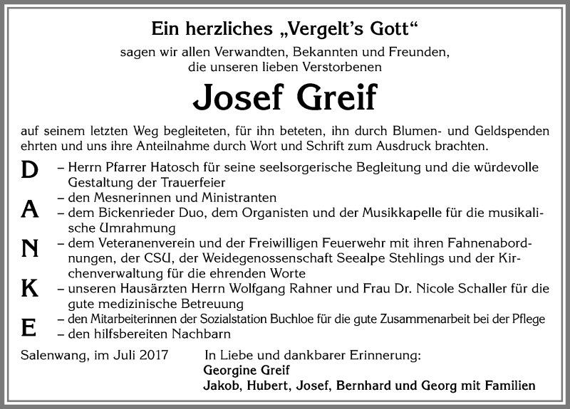 Traueranzeige von Josef Greif von Allgäuer Zeitung