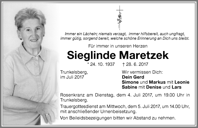 Traueranzeige von Sieglinde Maretzek von Memminger Zeitung