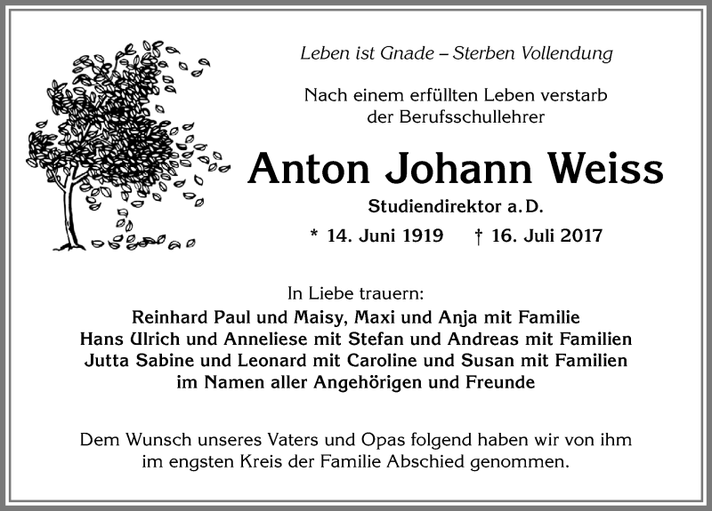 Traueranzeige von Anton Johann Weiss von Allgäuer Zeitung,Kempten