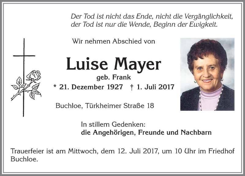 Traueranzeige von Luise Mayer von Allgäuer Zeitung, Kaufbeuren/Buchloe