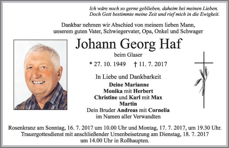 Traueranzeige von Johann Georg Haf von Allgäuer Zeitung, Füssen