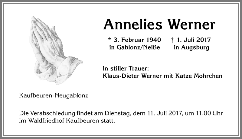 Traueranzeige von Annelies Werner von Allgäuer Zeitung, Kaufbeuren/Buchloe