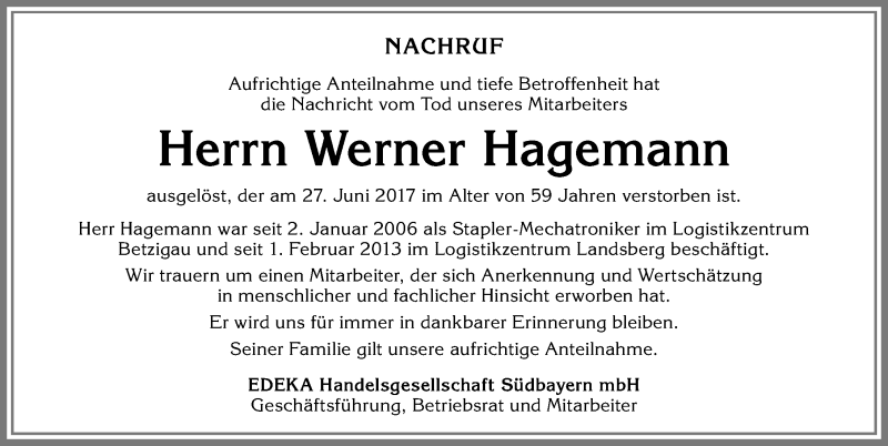 Traueranzeige von Werner Hagemann von Allgäuer Zeitung