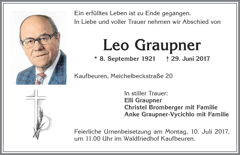 Traueranzeige von Leo Graupner von Allgäuer Zeitung, Kaufbeuren/Buchloe