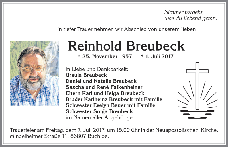 Traueranzeige von Reinhold Breubeck von Allgäuer Zeitung, Kaufbeuren/Buchloe