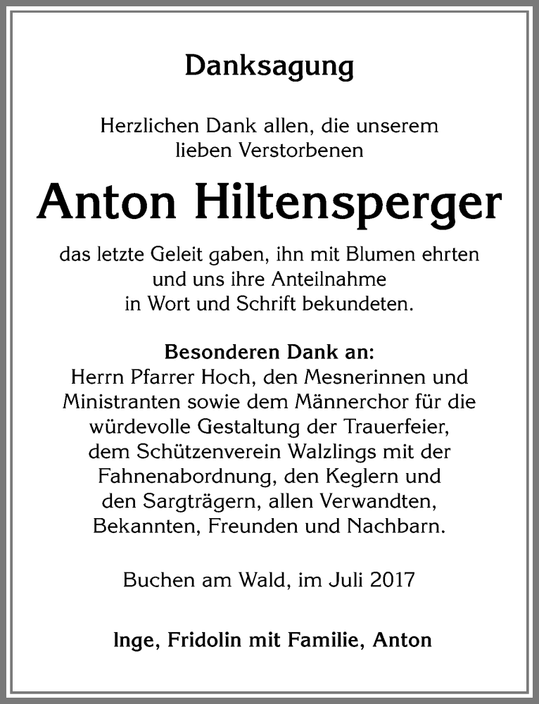 Traueranzeige von Anton Hiltensperger von Allgäuer Zeitung,Kempten