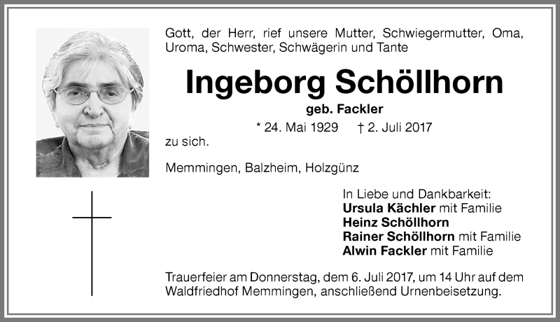 Traueranzeige von Ingeborg Schöllhorn von Memminger Zeitung