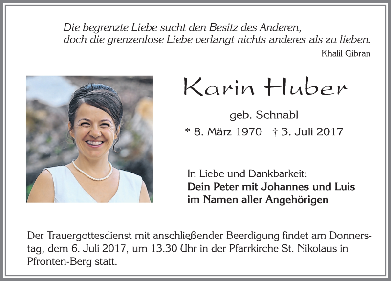 Traueranzeige von Karin Huber von Allgäuer Zeitung, Füssen