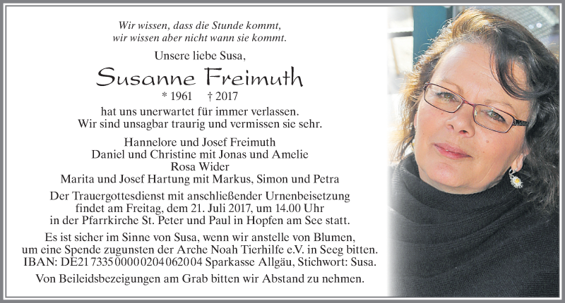 Traueranzeige von Susanne Freimuth von Allgäuer Zeitung, Füssen