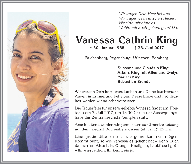 Traueranzeige von Vanessa Cathrin King von Allgäuer Zeitung,Kempten