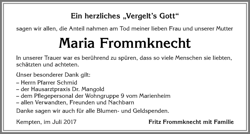 Traueranzeige von Maria Frommknecht von Allgäuer Zeitung,Kempten