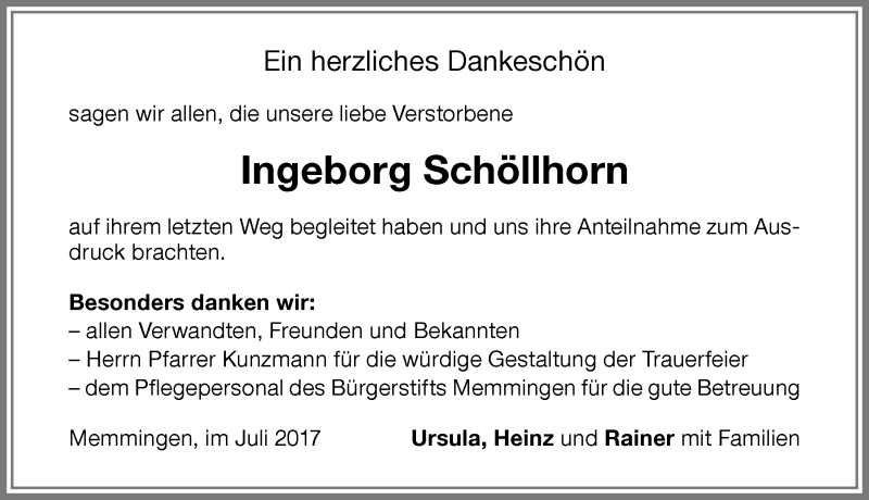 Traueranzeige von Ingeborg Schöllhorn von Memminger Zeitung