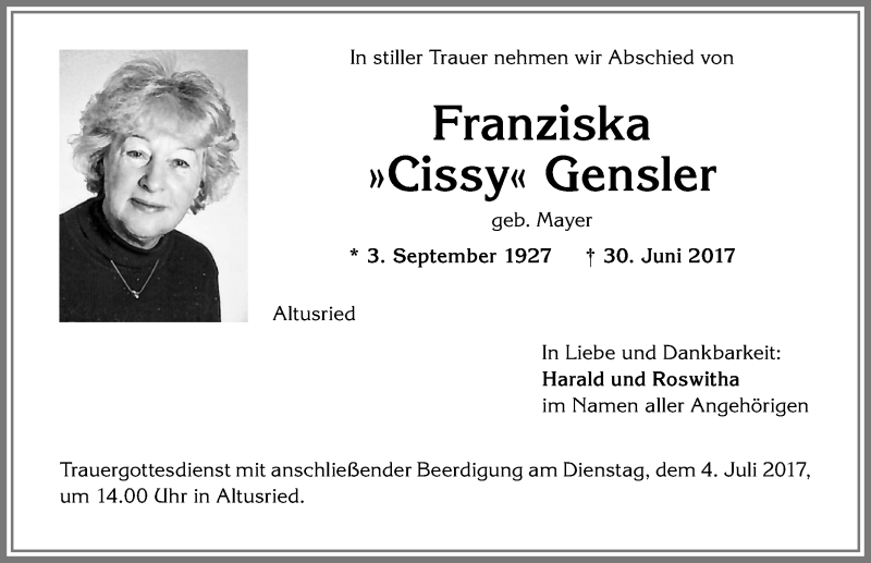 Traueranzeige von Franziska Gensler von Allgäuer Zeitung,Kempten