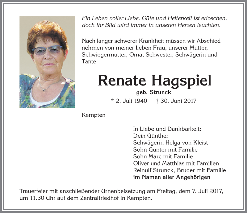 Traueranzeige von Renate Hagspiel von Allgäuer Zeitung,Kempten