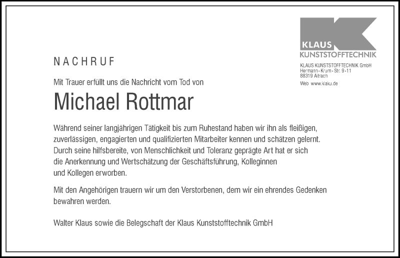 Traueranzeige von Michael Rottmar von Memminger Zeitung