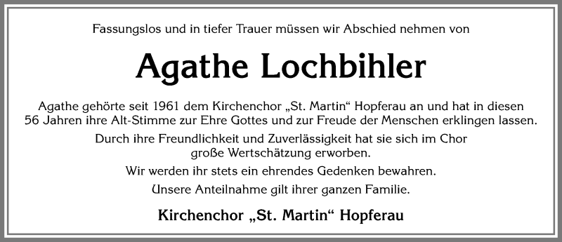 Traueranzeige von Agathe Lochbihler von Allgäuer Zeitung, Füssen