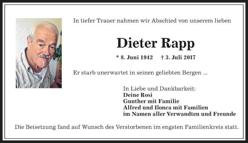 Traueranzeige von Dieter Rapp von Allgäuer Anzeigeblatt