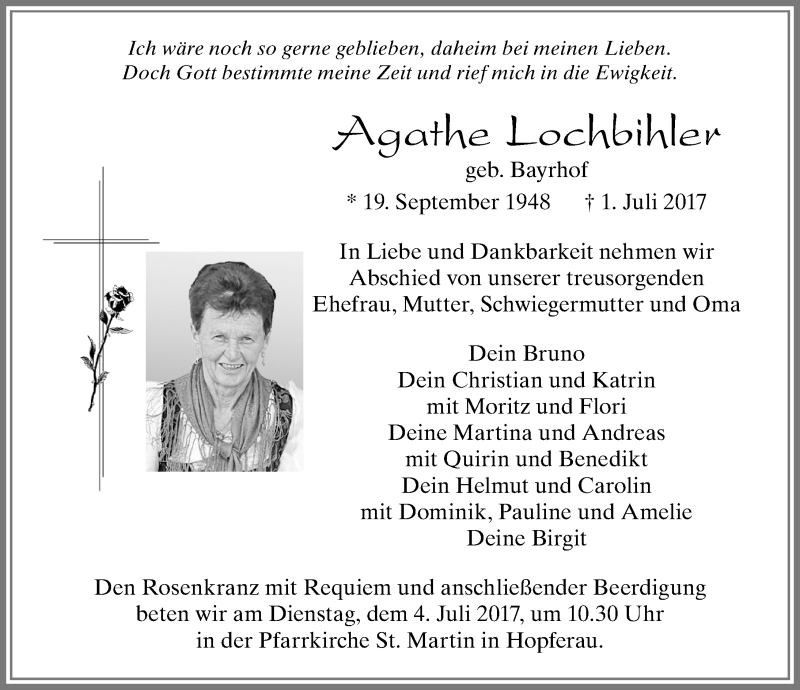 Traueranzeige von Agathe Lochbihler von Allgäuer Zeitung, Füssen