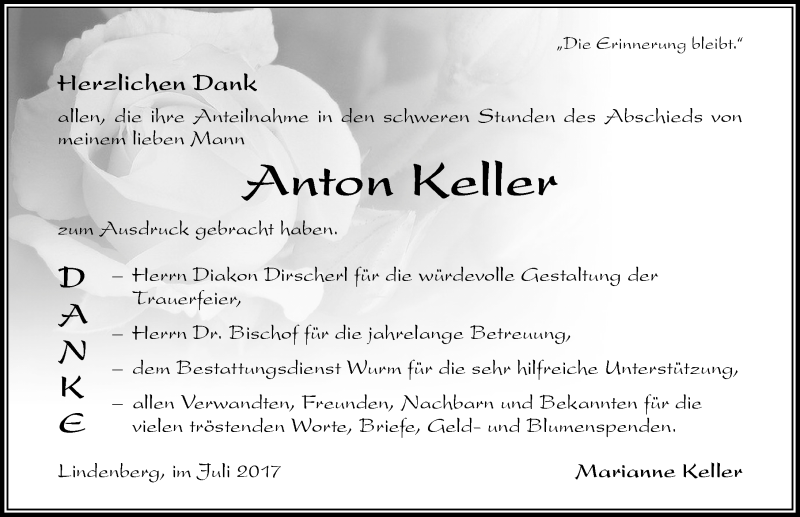 Traueranzeige von Anton Keller von Der Westallgäuer