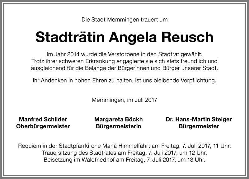 Traueranzeige von Angela Reusch von Memminger Zeitung