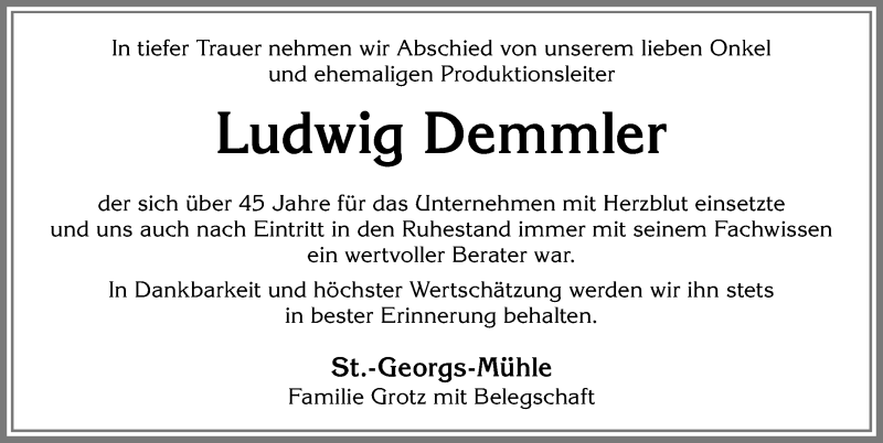 Traueranzeige von Ludwig Demmler von Allgäuer Zeitung, Marktoberdorf