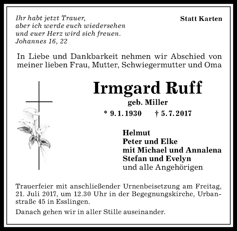 Traueranzeige von Irmgard Ruff von Allgäuer Anzeigeblatt