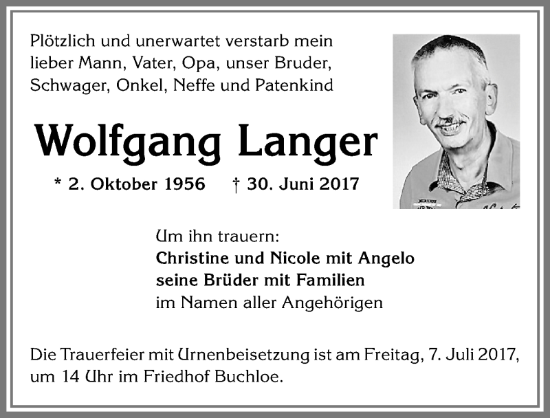 Traueranzeige von Wolfgang Langer von Allgäuer Zeitung, Kaufbeuren/Buchloe