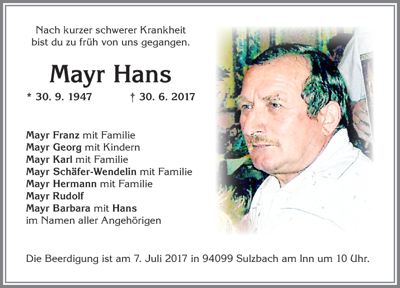 Traueranzeige von Hans Mayr von Allgäuer Zeitung,Kempten