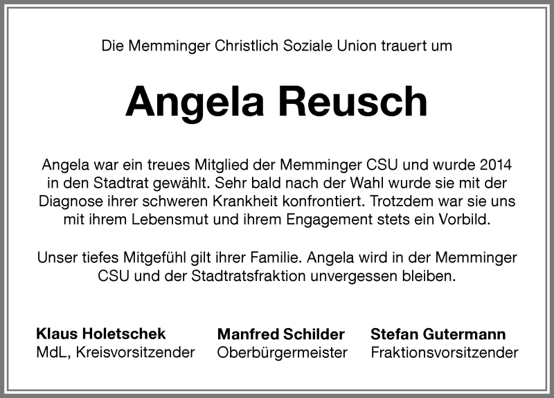 Traueranzeige von Angela Reusch von Memminger Zeitung